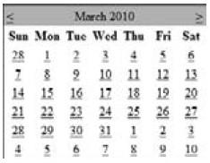 Слика 26. Контрола календар Правење селекција на дата од контролата Calendar Календарот овозможува движење низ месеците во годината и селектираање специфични денови во месецот.