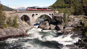 Norwegian trains can take you to dizzying heights through mountains towering over crystal-clear fjords below, from one major city to another, or give you the opportunity to stop in an area seemingly