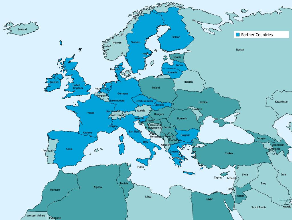 The map below shows the EU partner Member States in implementing Twinning projects with lead or participation of the Environment Agency