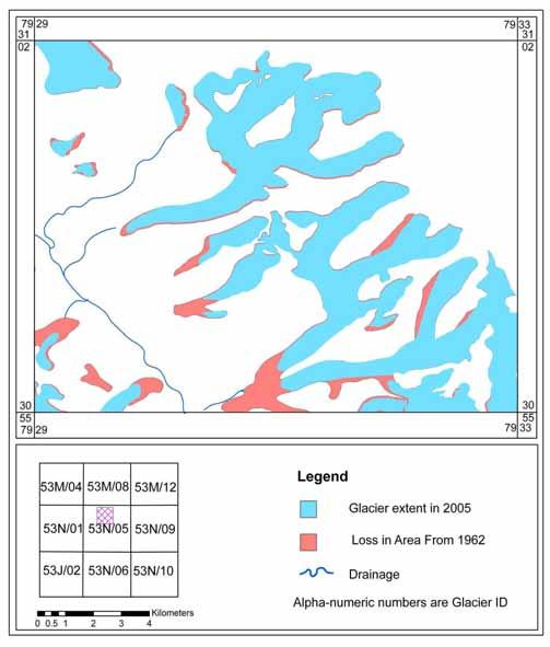 Figure 200: Map showing loss in area of the glaciers of