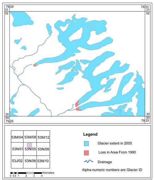 Figure 201: Map showing loss in area of the glaciers of a