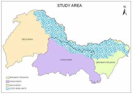 Figure 1: Study area for Glacier Inventory The study area comprises of glaciated sub-basins of Indus, Ganga and Brahmaputra river basins.