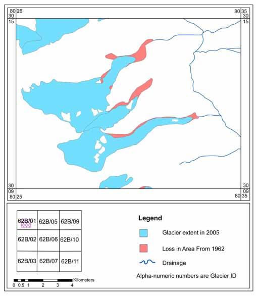 Figure 196: Map showing loss in area of the glaciers of a