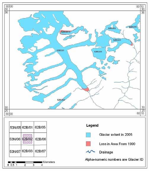 Figure198: Map showing loss in area of the glaciers of a