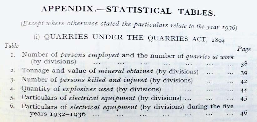 From 1898 to 1938 there are comparative tables on employment, output, deaths, death-rates in mines and quarries from 1873 to the year of the report.