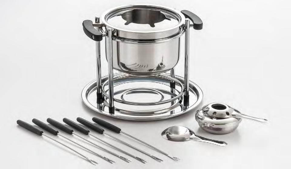 SPECIALTY COOKWARE 527 11 PIECE PROFESSIONAL FONDUE SET < SET INCLUDES 6 Color-Coded Forks Pot Spill Plate Splatter Guard Stand w/ Rubber Feet Gel Burner From casual get-togethers to avant-garde
