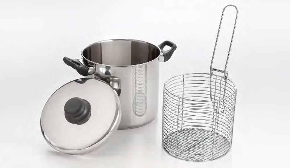 This fondue set is constructed in gleaming stainless steel for durability, with the pot sitting sturdy on a four-legged stand with non-skid rubber feet.