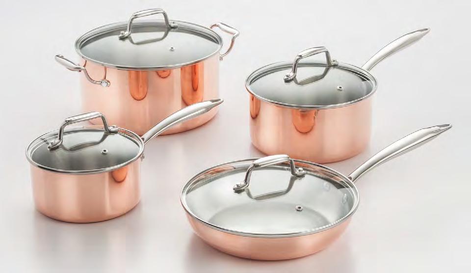 COOKWARE SETS 546 8 PIECE TRI-PLY COPPER COOKWARE SET < SET INCLUDES 1.5 Qt Covered Sauce Pan 3.25 Qt Covered Sauce Pan 5.5 Qt Covered Dutch Oven 9.