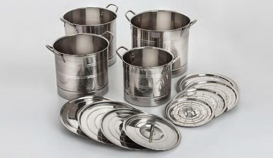 MULTI-COOKER & STOCK POTS 571-573 STOCKPOT SET W/STEAMER INSERT 571 6PC 8QT/16QT 572 9PC 12QT/16QT/20QT 573 12PC 8QT/12QT/16QT/20QT This set includes multiple stainless steel stockpots with lids and