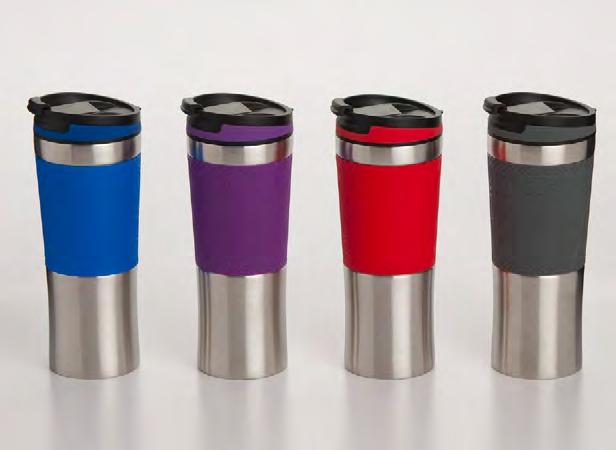146 - Purple 147 - Grey 148 - Assorted Red,Blue 105-108 DOUBLE WALLED COFFEE TUMBLER W/ SILICONE GRIP This 17 oz tumbler is constructed in durable stainless steel, perfect for those who are on