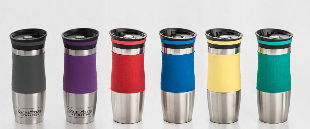 126-127/136-137 DOUBLE WALLED COFFEE TUMBLER W/ SILICONE GRIP Double walled stainless steel coffee tumbler with a silicone grip. Ergonomic, comfortable, and an excellent container for everyday use.