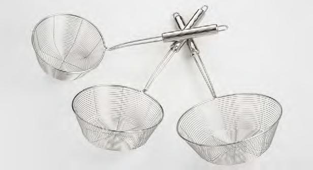 STRAINERS 293-295 STRAINER BASKET This unique stainless steel strainer features a basket for you to scoop a variety of different foods.
