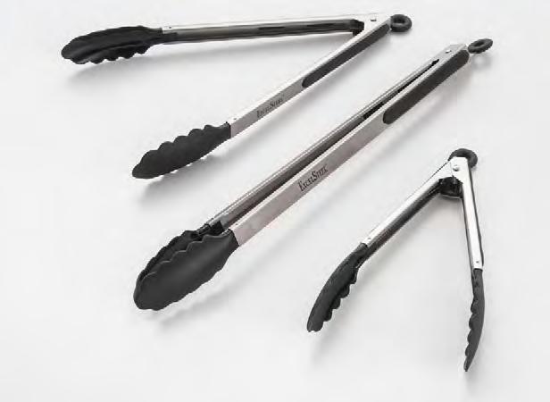 KITCHEN TOOLS 386-388 BLACK NYLON SERVING TONGS Stainless steel serving tongs with locking mechanism for all your kitchen needs from grabbing ears of corn out of boiling water to flipping steaks.
