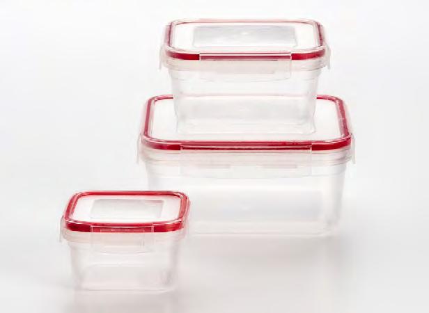 < SET INCLUDES 7 oz 15 oz 33 oz 618 6 PIECE LOCK & SEAL ROUND FOOD STORAGE CONTAINER Click and lock airtight covered lids are easy to open and close.