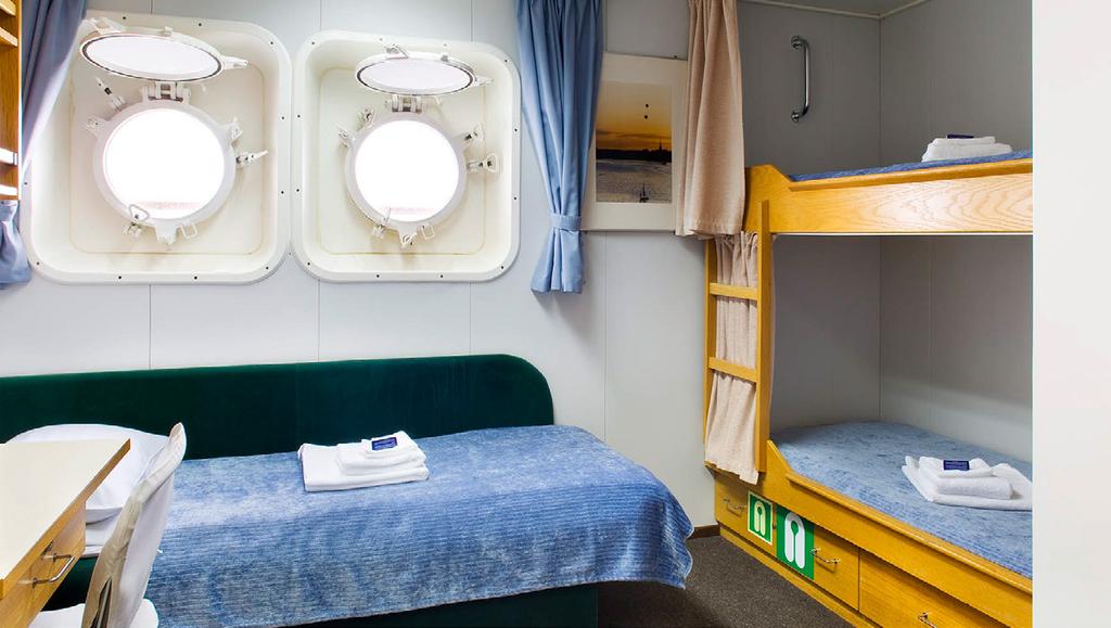 Cabin Class: All cabins are efficiently designed and well appointed, with ecologically sensitive amenities that are wall mounted for easy access.