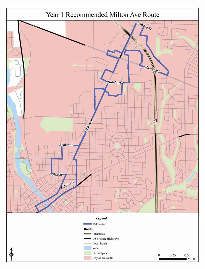 Modify and extend Milton Avenue Route (Figure 7-3): JTS staff have done extensive runs on the Milton Avenue route to develop a configuration that will serve the Super Wal*Mart when it opens in Fall