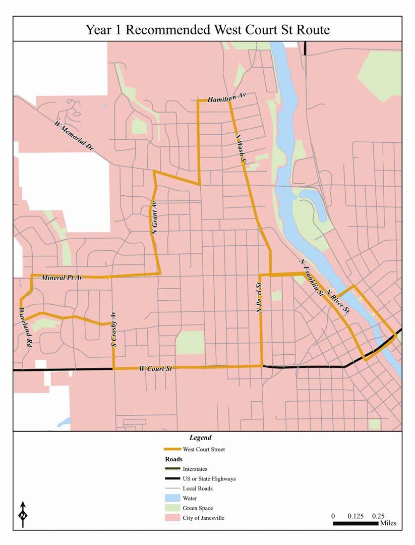 Modify West Court Street Route (Figure 7-4): This recommendation for a first year change is currently being held up by the need for JTS to keep its current budget as tight as possible.