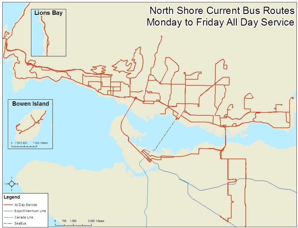Figure 16. North Shore Peak and Off-Peak Network Variation 3.1.3 ROUTE ANALYSIS This section reviews current data on the performance of the North Shore s transit network and evaluates the findings.