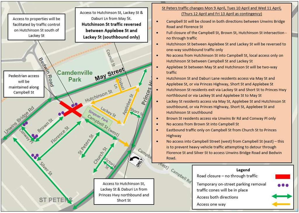 Traffic changes The below road closures and traffic changes will be in place during the day work: Campbell Street will be closed in both directions between Unwins Bridge Road and Florence Street Full