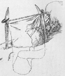 Slika 4. Bivak s šotorsko vrečo v snežni jami (Jordan, 1944). Na sliki 4 je možnost izdelave bivaka, ko ni na voljo dovolj snega. Izkopljemo jamo, ki jo na vrhu zavarujemo s šotorsko vrečo. Slika 5.