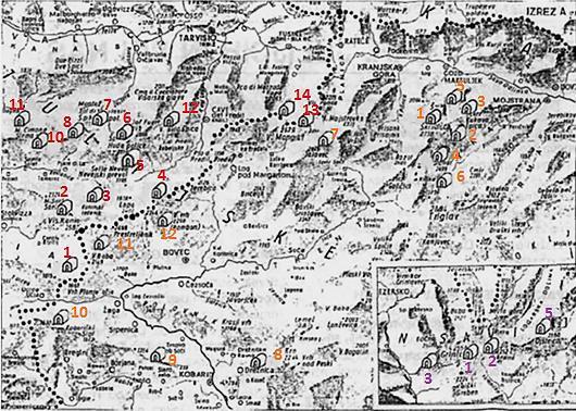 Slika 6. Seznam bivakov v Julijskih Alpah in Kamniško - Savinjskih Alpah (Stritar, 1992). Na sliki 6 so z vijolično barvo označeni bivaki v Kamniško - Savinjskih Alpah.
