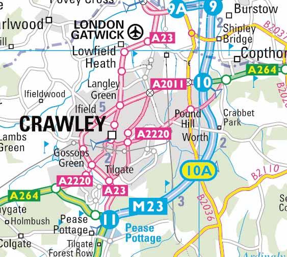 (junctions 9, 9A, 10A and 11) and 9 miles south of junction 7 of the M25.