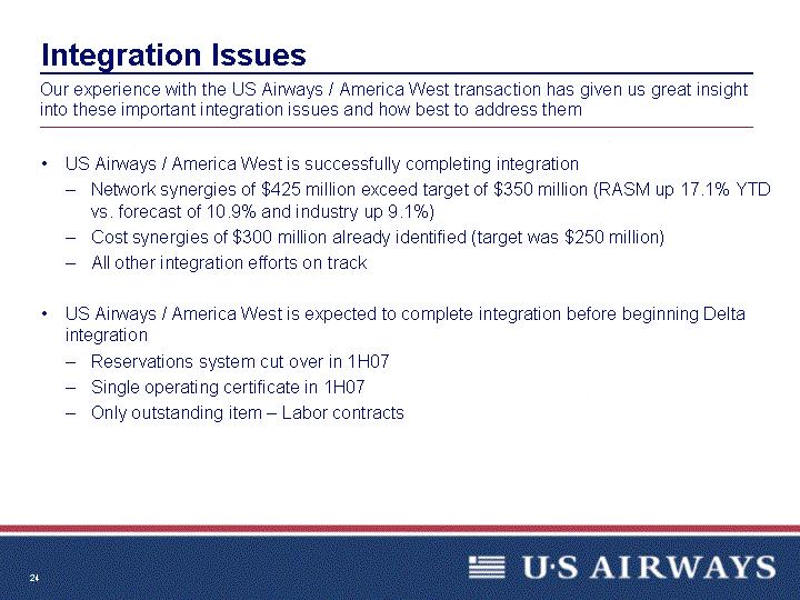 IntegrationIssuesUSAirways /AmericaWestissuccessfullycompletingintegrationNetworksynergiesof $425millionexceedtargetof $350million (RASMup17.1%YTDvs.forecastof10.9%andindustryup9.