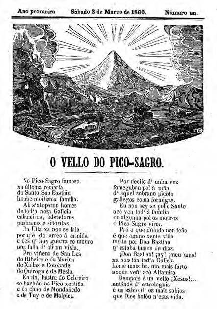 228 Un século e medio de O Vello do Pico-Sagro O número un Unha ilustración que representa o Pico Sacro preside a cabeceira do primeiro número da publicación.