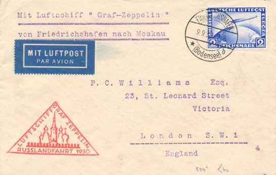 1930 LZ 127 Graf Zeppelin Russia Flight This Graf Zeppelin cover was flown from Russia to Friedrichshafen, Germany in September 1930.