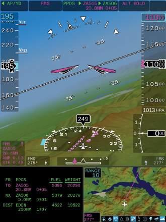 The lower portion of the PFD provides the pilot-selectable windows for either one window with engine data or two inset windows supporting map, 3D SVS, terrain, weather radar,