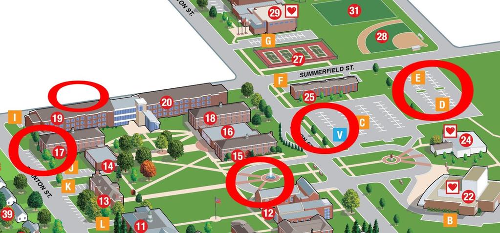 MAIN CAMPUS MOVE-IN INFO Move-In Info Unloading Lots 15-min parking only Lots V & C: Suites, Baker, Walton Circle Drive (center of map): Baker, Barnett, Walton Summerfield Street (19): Residence