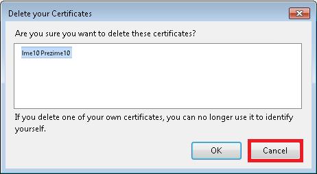 При прегледување на Вашиот сертификат во Mozilla Firefox (Слика 33), ВО НИКОЈ СЛУЧАЈ НЕ СМЕЕТЕ да го изберете копчето DELETE.