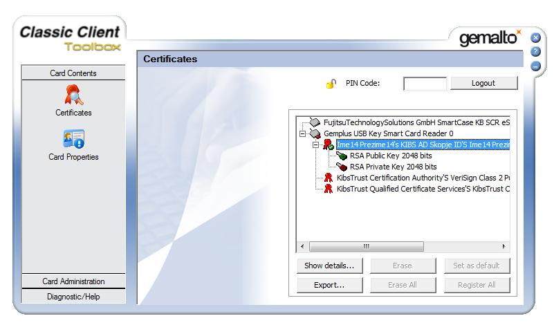 Слика 8 Во делот Card Contents, се избира Certificates, и се клика на Gemplus USB Key Smart Card Reader.
