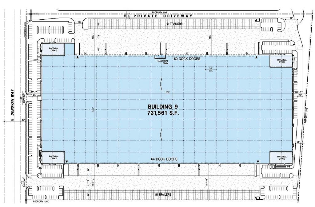 5340 DONOVAN WAY NORTH, NV 891 BUILDING 9 FEATURES + ±731,561 SF total + Divisible to ±250,968 SF + Offi ce BTS + Clear height: 36 + ESFR fi re sprinklers + 2% skylights + Cross dock confi guration +