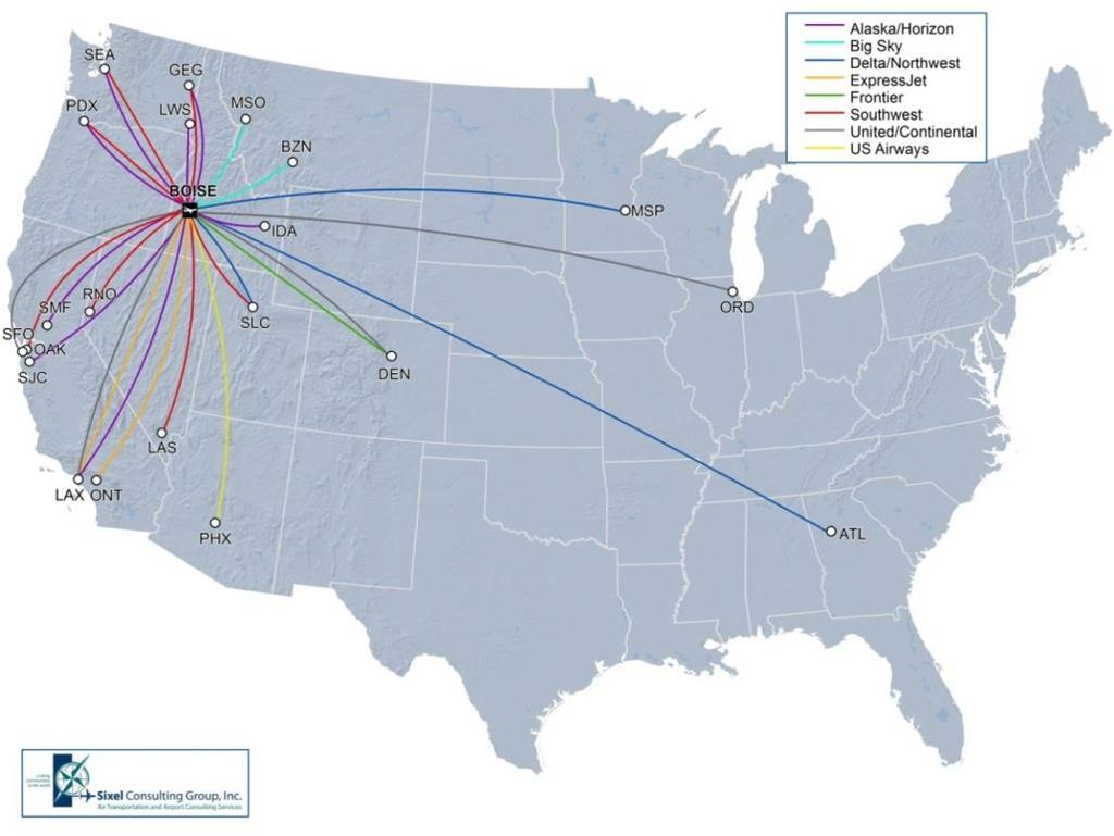 Route Map 2002 Service by 7 airlines 18 nonstop