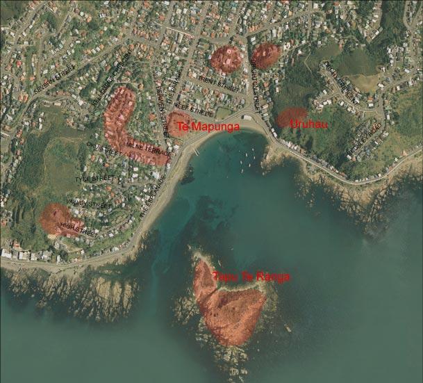 Figure 2: Island Bay, showing areas where archaeological evidence has been noted. Areas are indicative of general location only. (Aerial photography provided by Wellington City Council).