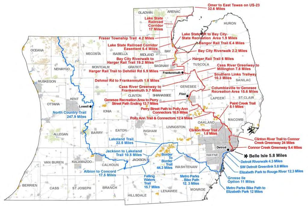 A portion of the Great-Lake-to-Lake Trail, including the segment in Ingham County, is also part of the Iron Belle Trail, the new Michigan "Showcase trail, initiated by Governor Snyder in 2013 to