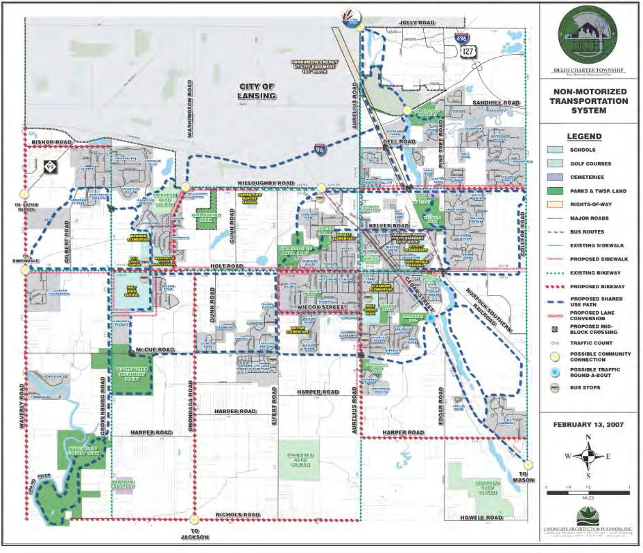 Delhi Township The Township prepared a Non-Motorized Transportation Plan in 2007 to create connections to nearby communities, a connected internal network of sidewalks, shared-use paths and bikeways,