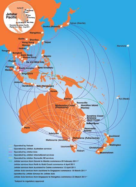 Jetstar Footprint Growing Jetstar is one of the fastest growing airlines in the region Operations based across two continents and four countries Servicing 17 countries, 52 cities Combined operating