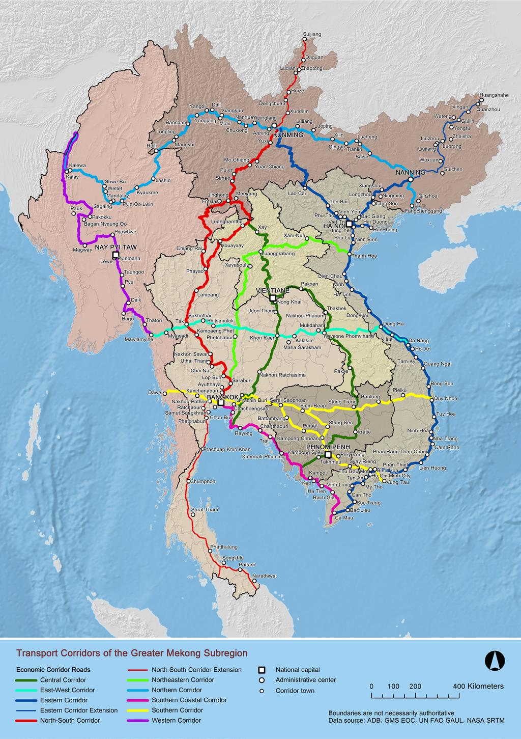GREATER MEKONG SUBREGION TRANSPORT CORRIDORS Boundaries, colors, denominations or any other information shown on this map do not imply, on the part of the Mekong Tourism