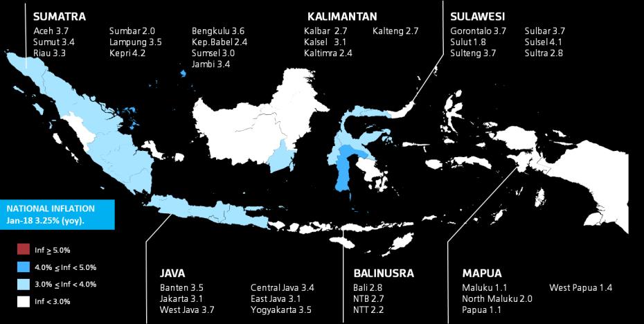 MANAGED INFLATION OBSERVED THROUGHOUT INDONESIA 9 CPI inflation in majority of regions in Indonesia was within the target range of 3.5 ±1%... REGIONAL INFLATION FEBRUARI 2018 (% YOY) SUMATERA Aceh 3.
