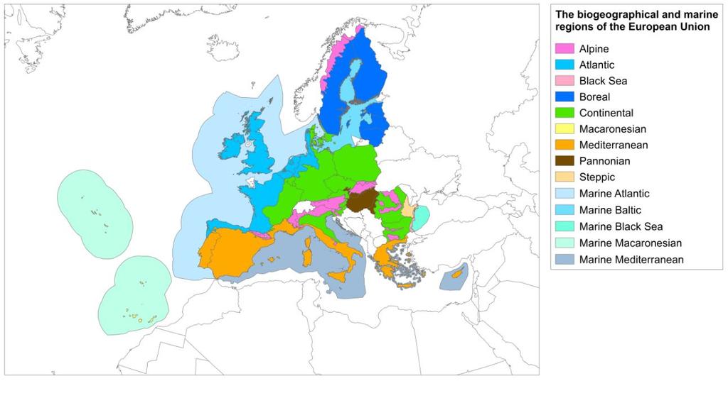 Kako bi se omogućilo smislenu usporedbu među državama članicama, Europa je podijeljena u devet biogeografskih kopnenih i pet morskih regija koje dijele slične ekološke uvjete (karta 1.).