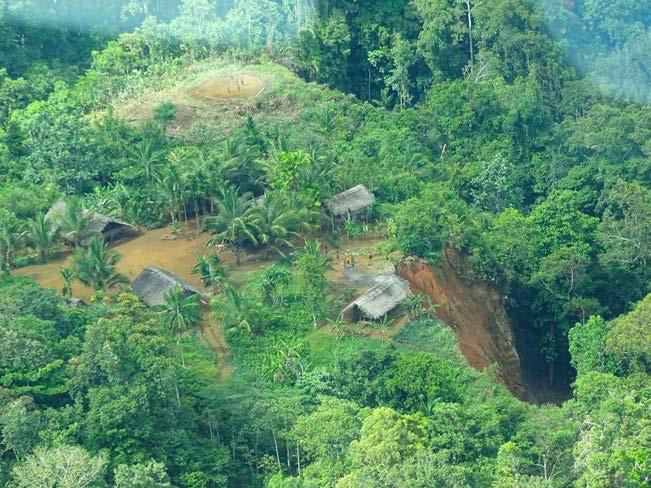 Wasana village sitting right on the edge of a landslide as spotted from the air (MG) They were afraid that the old extinguished volcano, Mt Bosavi, would explode and so they wanted to flee to the