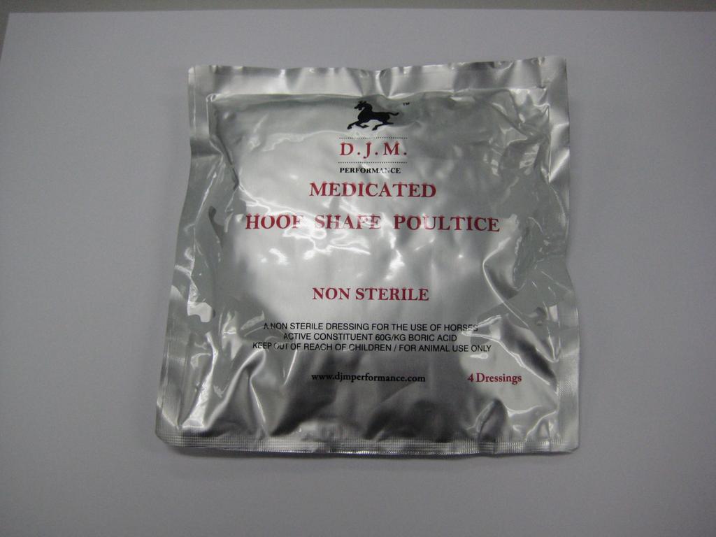 D.J.M Product: Medicated Hoof Shape Poultice Dressing Non Sterile 4 pces/bag, 10 bags/box, 8 boxes/ctn Carton Size