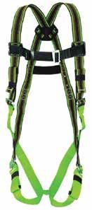 mating-buckle chest and leg straps, sub-pelvic straps, belt loops, friction shoulder straps and back strap to prevent user from falling out of the harness.