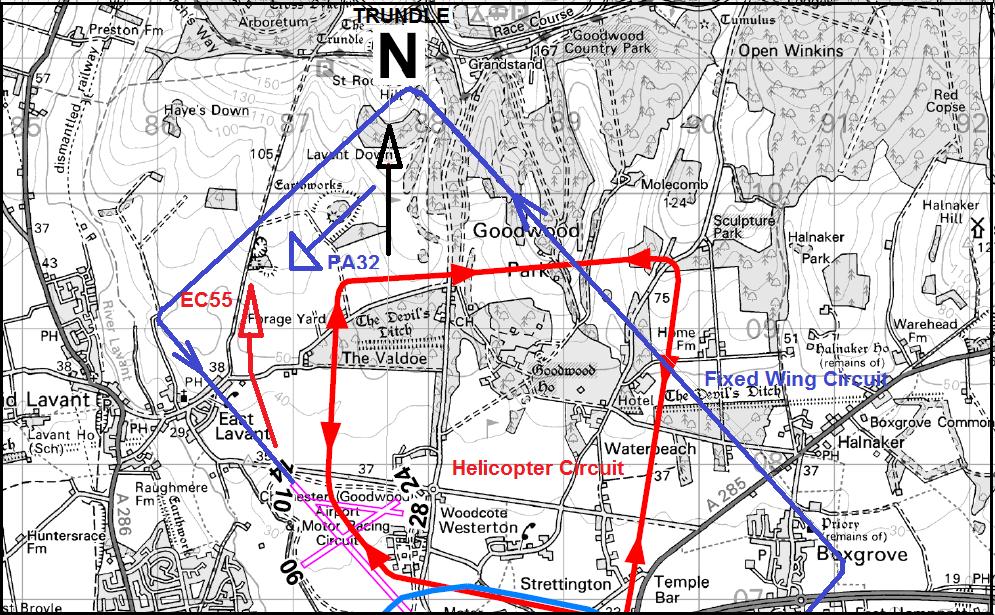 Pilots are warned that multiple helicopter arrivals not above 900ft Goodwood QFE will be taking place simultaneously via either Trundle Gate (N), Tangmere Disused Aerodrome (E), or the Lakes (S)