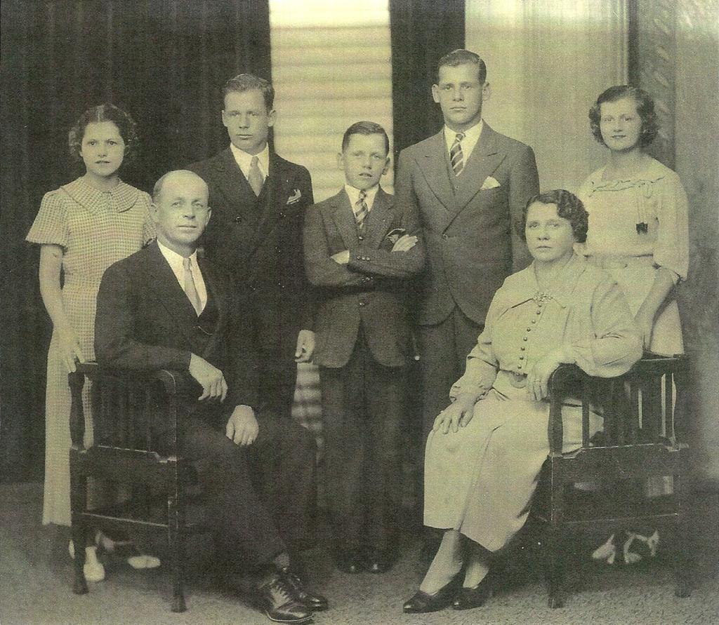 Rogan Family Photo 1938-1939 L to R: Elsie, George, Charles, Gilbert, Richard, Theresa wife of George and Theresa. Theresa (Rogan) Zurich married to Nicholas Zurich with sons Jerry and Paul Zurich.