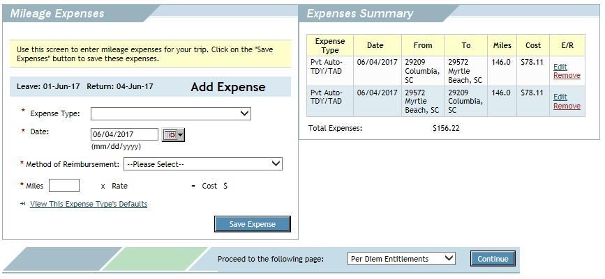 Step 8: Mileage Expenses (1) Verify that Mileage