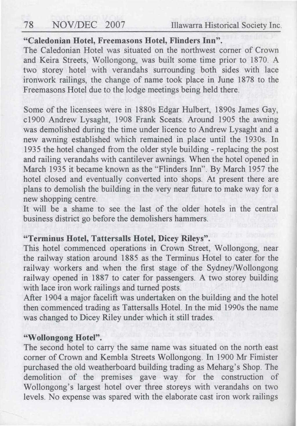 78 NOV /DEC 2007 Illawarra Historical Society Inc. "Caledonian Hotel, Freemasons Hotel, Flinders Inn''.