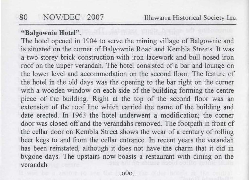 80 NOV/DEC 2007 Illawarra Historical Society Inc. "Balgowoie Hotel".